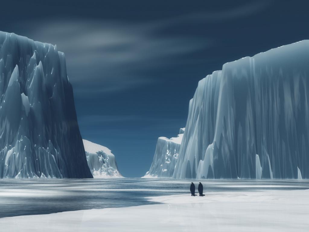 Два пингвина в ледяных скалах - пикселей 1024x768