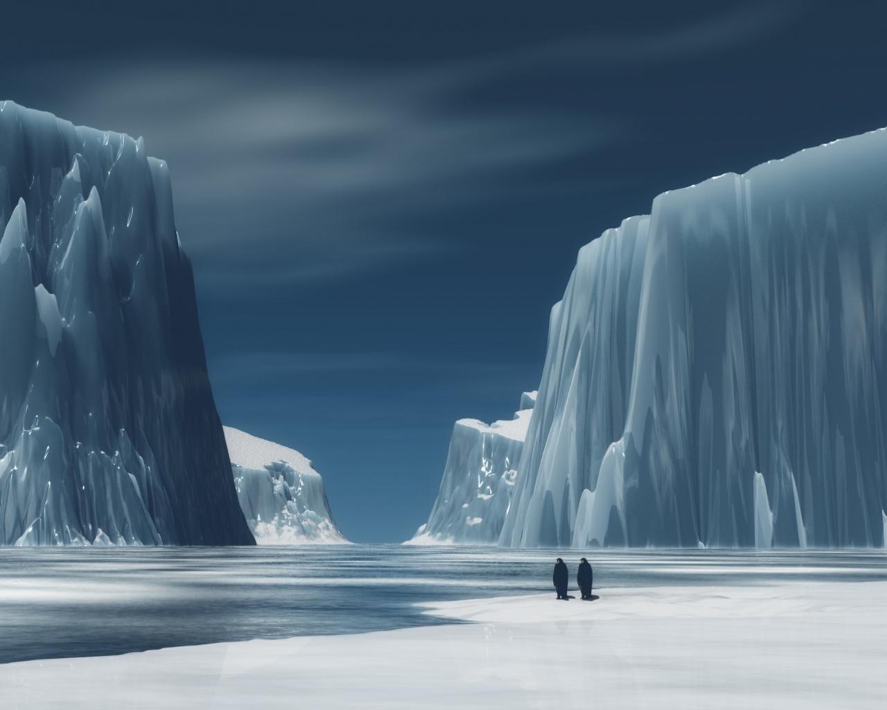 Два пингвина в ледяных скалах - пикселей 1280x1024