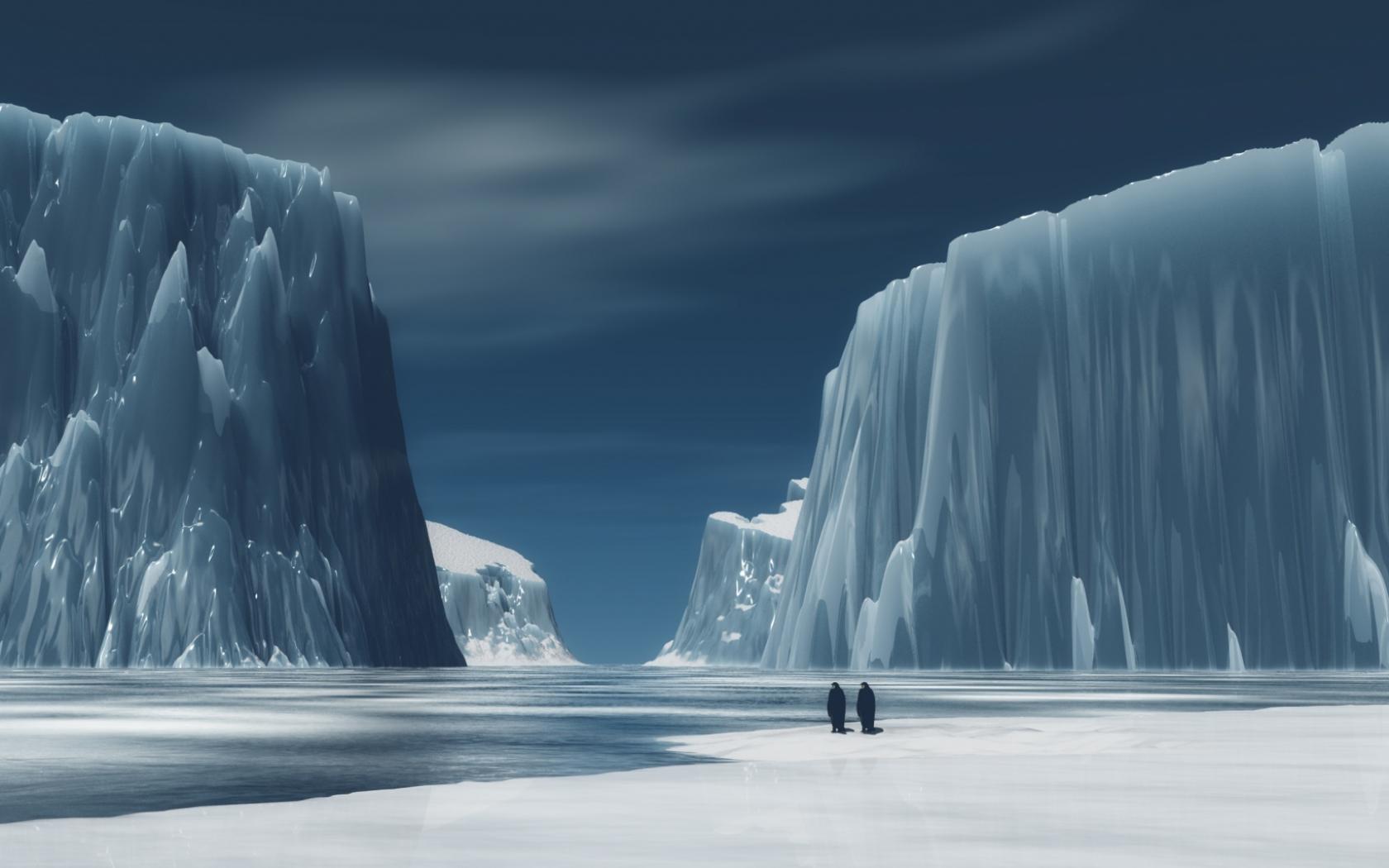 Два пингвина в ледяных скалах - пикселей 1680x1050